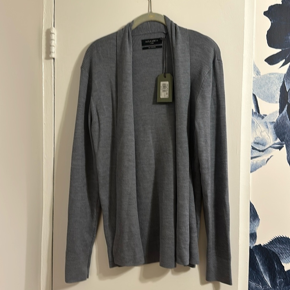 NWT - ALLSAINTS mode merino open cardigan - large - twilight blue